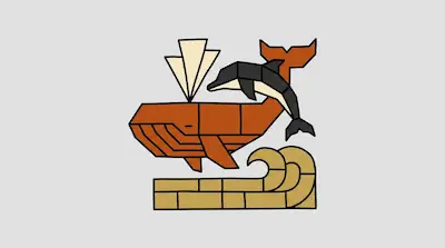 A geometric orange whale and a black dolphin leap above tan waves.