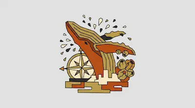 A stylized geometric whale breaches next to a compass rose and barnacles.