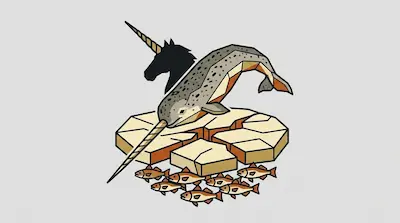 A mottled grey narwhal with a long spiraling tusk diving over cracked Arctic ice beside a unicorn head silhouette and a school of Arctic cod on a light gray background