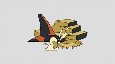 A stylized, geometric fish leaps from splashing water in front of a large dark fin and tiered, blocky structures.