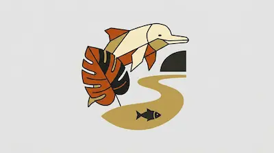 Flat illustration of a geometric dolphin jumping over a monstera leaf and a winding river with a small fish silhouette