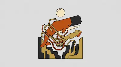 A stylized, geometric depiction of a sperm whale and a giant squid entangled in a struggle.