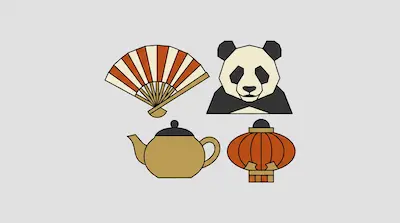 Flat illustration of a panda, a folding fan, a teapot, and a paper lantern in a minimalist geometric style