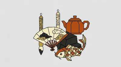 Flat illustration of a koi fish, a folding fan, and a teapot in a traditional style on a light gray background