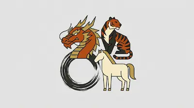 Flat illustration of a dragon head, a tiger, and a horse arranged around a black ink circle on a gray background