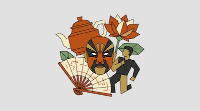 Flat illustration of a Chinese opera mask, a teapot, a folding fan, and a lotus flower on a light gray background