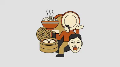 Flat illustration of a person serving steaming noodles, dim sum, and a large plate in a minimalist graphic style