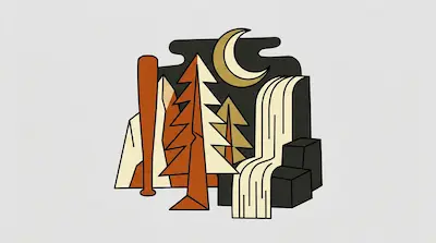 Flat illustration of a stylized forest at night with a crescent moon, pine trees, and a waterfall over dark rocks