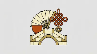 Flat illustration of a stone arch bridge, a folding fan, and a traditional Chinese knot on a light gray background