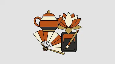 Flat illustration of a teapot, a lotus flower, a folding fan, and a calligraphy brush on a light gray background