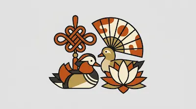Flat illustration of two mandarin ducks, a lotus flower, a folding fan, and a traditional knot on a gray background