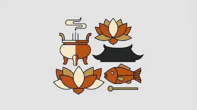 Flat illustration of a smoking incense burner, lotus flowers, and a wooden fish instrument on a gray background