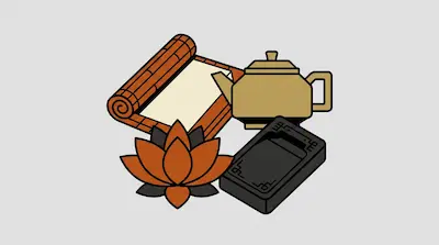 Flat illustration of a bamboo scroll, a golden teapot, a lotus flower, and an inkstone on a light gray background