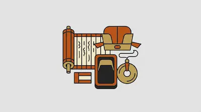 Flat illustration of an ancient scroll, a traditional hat, and a circular jade pendant on a light grey background