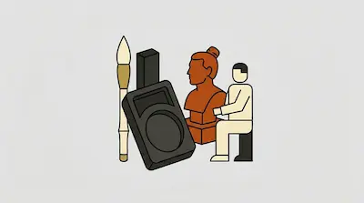 Flat illustration of a calligraphy brush, an ink stone, a terracotta bust, and a seated person on a gray background