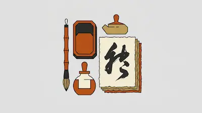 Flat illustration of a calligraphy set with a bamboo brush, ink stone, and paper with a black ink character