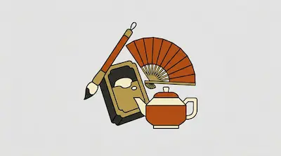 Flat illustration of a calligraphy brush, an orange folding fan, and a teapot on a light grey background