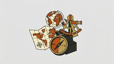 Flat illustration of navigation tools including a globe, a folded map, a compass, and a sextant in orange and tan tones