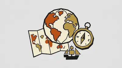 Flat illustration of a globe, a folded world map, a compass, and a sailing ship in earth tones on a gray background