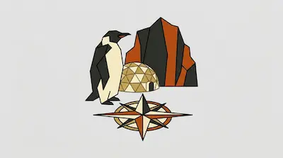Flat illustration of a penguin standing near a geodesic dome and a compass rose against a grey background