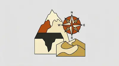 Flat illustration of a snow-capped mountain, sand dunes, and a compass rose with cardinal directions on a gray background
