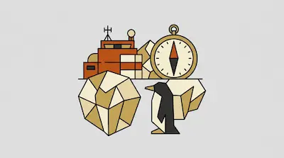 Flat illustration of an arctic scene featuring a geometric penguin, a large compass, and a research station