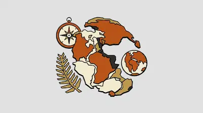 Flat illustration of the supercontinent Pangea with a compass, a fern leaf, and a small globe on a gray background