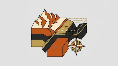 Flat illustration of a cross section of a mountain range, a body of water, and a compass rose on a gray background