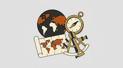 Flat illustration of a globe, a rolled map, a compass, and a sextant in brown and cream tones on a grey background