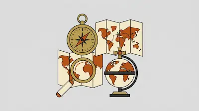 Flat illustration of a golden compass, a world map, a magnifying glass, and a globe on a gray background