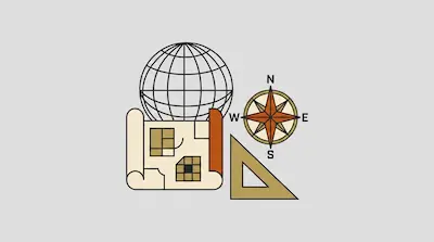 Flat illustration of a wireframe globe, a rolled map, a compass rose, and a set square on a light gray background