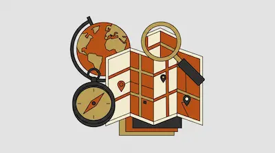 Flat illustration of a folded map, a globe, a compass, and a magnifying glass in orange and tan tones on a gray background