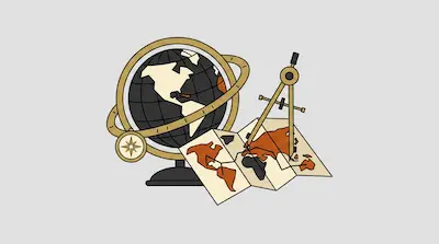 Flat illustration of a vintage globe, a folded world map, and a brass drawing compass on a light gray background