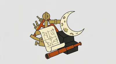 Flat illustration of a crescent moon, a star chart, a telescope, and a sextant on a light gray background