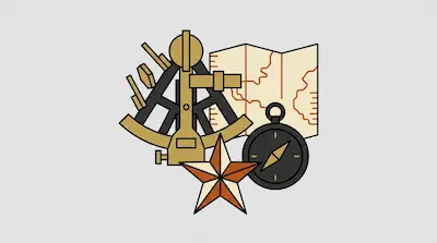Flat illustration of a brass sextant, a folded paper map, a compass, and a nautical star on a light gray background