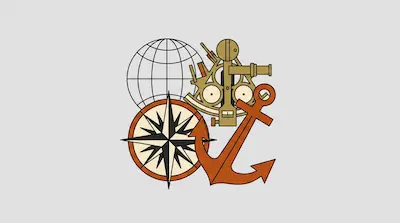Flat illustration of nautical tools including a globe, a compass rose, a brass sextant, and a large orange anchor