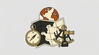 Flat illustration of a globe, a folded map, a compass, and a sextant in gold and brown tones on a grey background