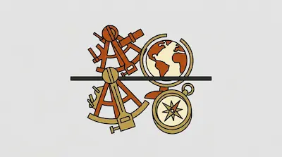 Flat illustration of a globe, compass, and sextants in brown and tan tones divided by a horizontal black line