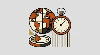 Flat illustration of a globe, a stopwatch, and a sundial in earth tones with bold black outlines on a gray background