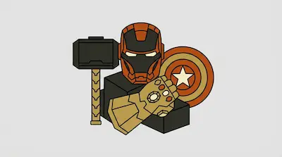 Stylized icons of Iron Man's helmet, Thor's hammer, Captain America's shield, and the Infinity Gauntlet.