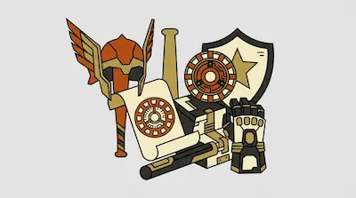 A collection of stylized items including a winged helmet, a shield with a star, a circular reactor, and a gauntlet, rendered in orange and gold.