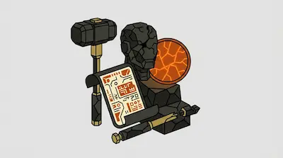 A stylized collection of dark, blocky objects including a large hammer, a cracked bust, a glowing orange disc, and a scroll with orange symbols.