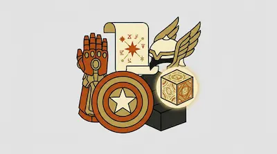 A collection of stylized objects including a gauntlet, a circular shield with a star, a winged helmet, a scroll, and a glowing cube.