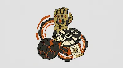 A golden gauntlet, a circular spaceship, and a cracked dark sphere are arranged with orange mechanical rings and a scroll.