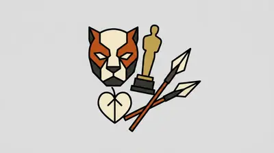 A panther mask, a golden award statuette, a heart-shaped leaf, and a pair of crossed spears.