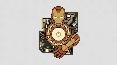 A red and gold armored helmet, a glowing circular chest reactor, an armored gauntlet, and a circuit board in geometric style.