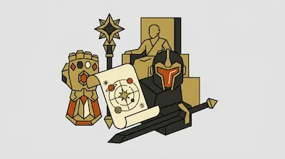 A collection of geometric gold and black icons including a gauntlet, a staff, a figure on a throne, a helmet, a sword, and a scroll with a star map.