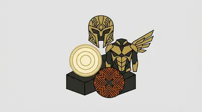 Gold and black armor pieces, including a helmet, winged chest plate, and two circular shields, are displayed on dark blocks.