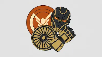 A black and gold armored helmet and gauntlet are positioned in front of a mechanical wheel and a circular orange emblem.