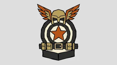 A stylized emblem featuring a winged helmet, a circular shield with an orange star, and a utility belt.
